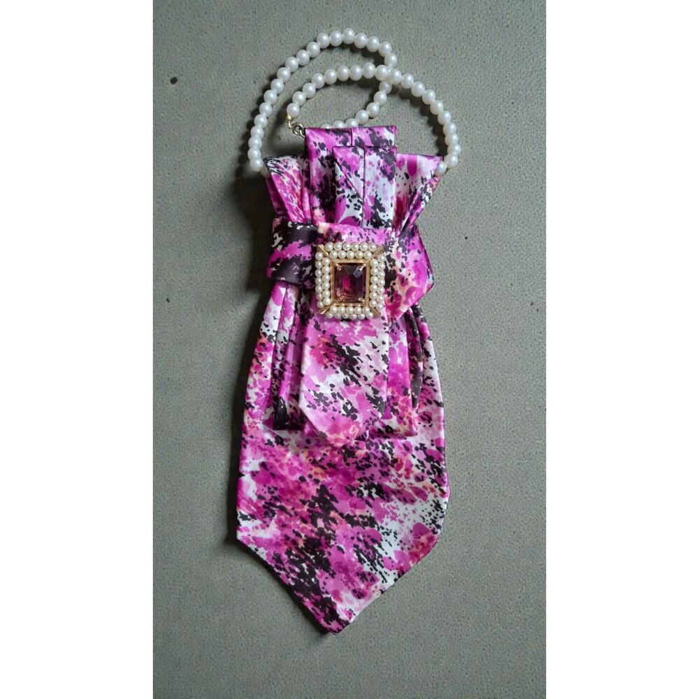 Handmade Pink Statement Neck Tie Necklace Faux Pearl Pink Purple Glass Brooch